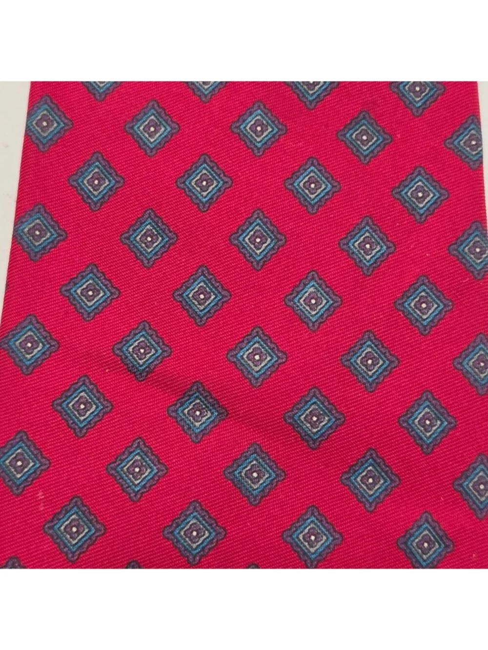 Club Room Tie Mens Silk Red Background Geometric Blue Square Medallion Pattern